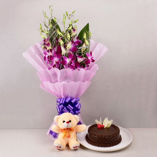 Orchid Bunch & Cake With Teddy